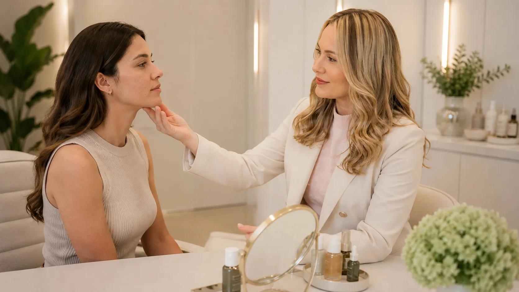 Profissional avaliando a pele de uma mulher adulta antes de definir o protocolo para acne adulta