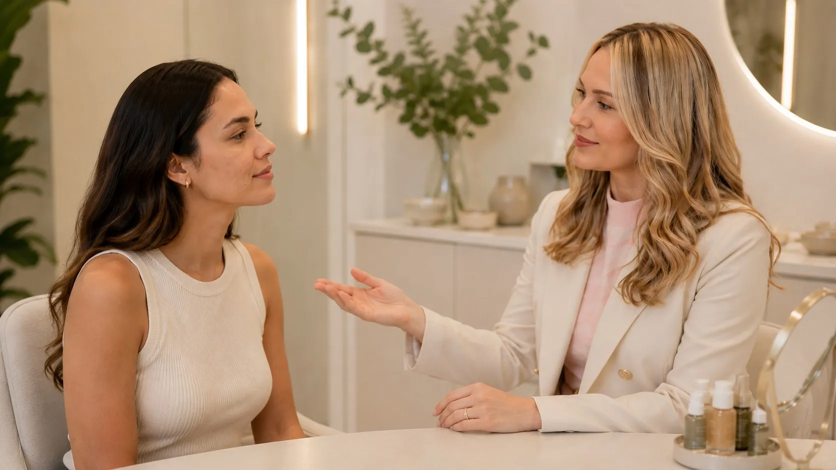 Conversa acolhedora após avaliação para definir um plano personalizado para acne adulta