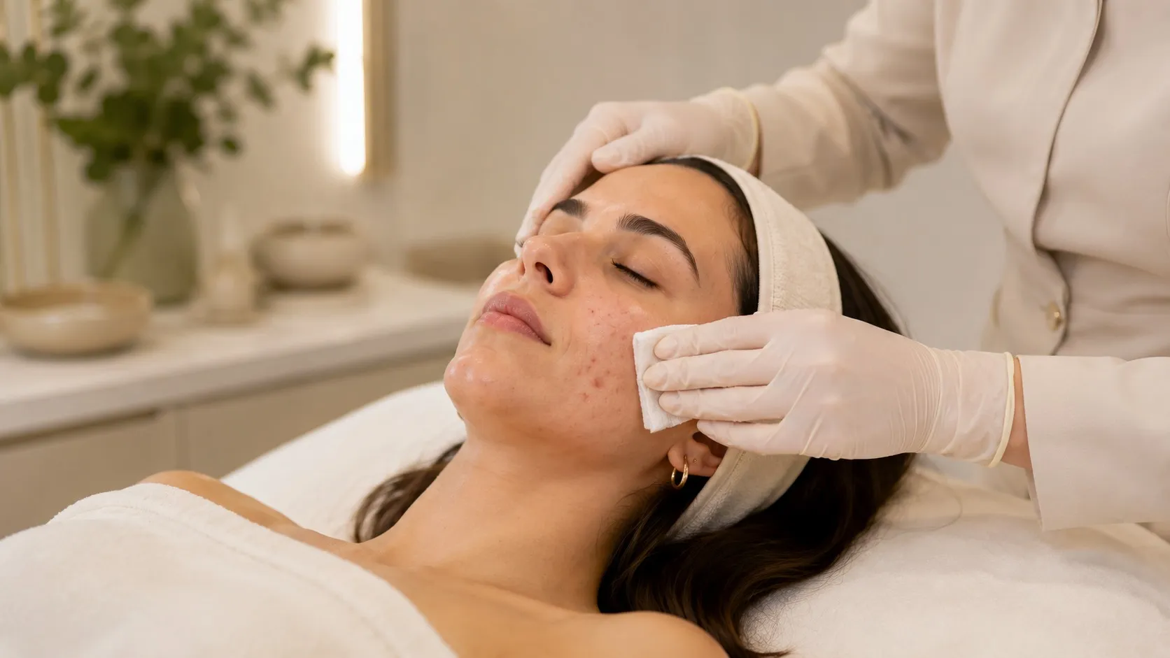 Cuidado facial suave com higiene e delicadeza em mulher adulta com pele acneica discreta