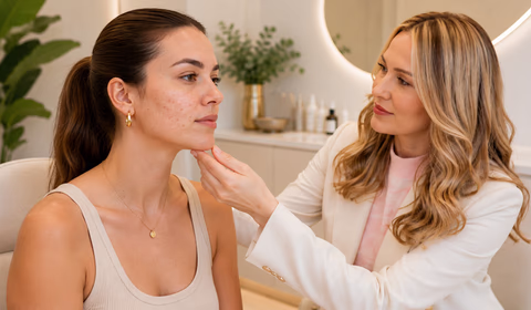 Mulher adulta em avaliação facial com profissional, em ambiente claro e acolhedor