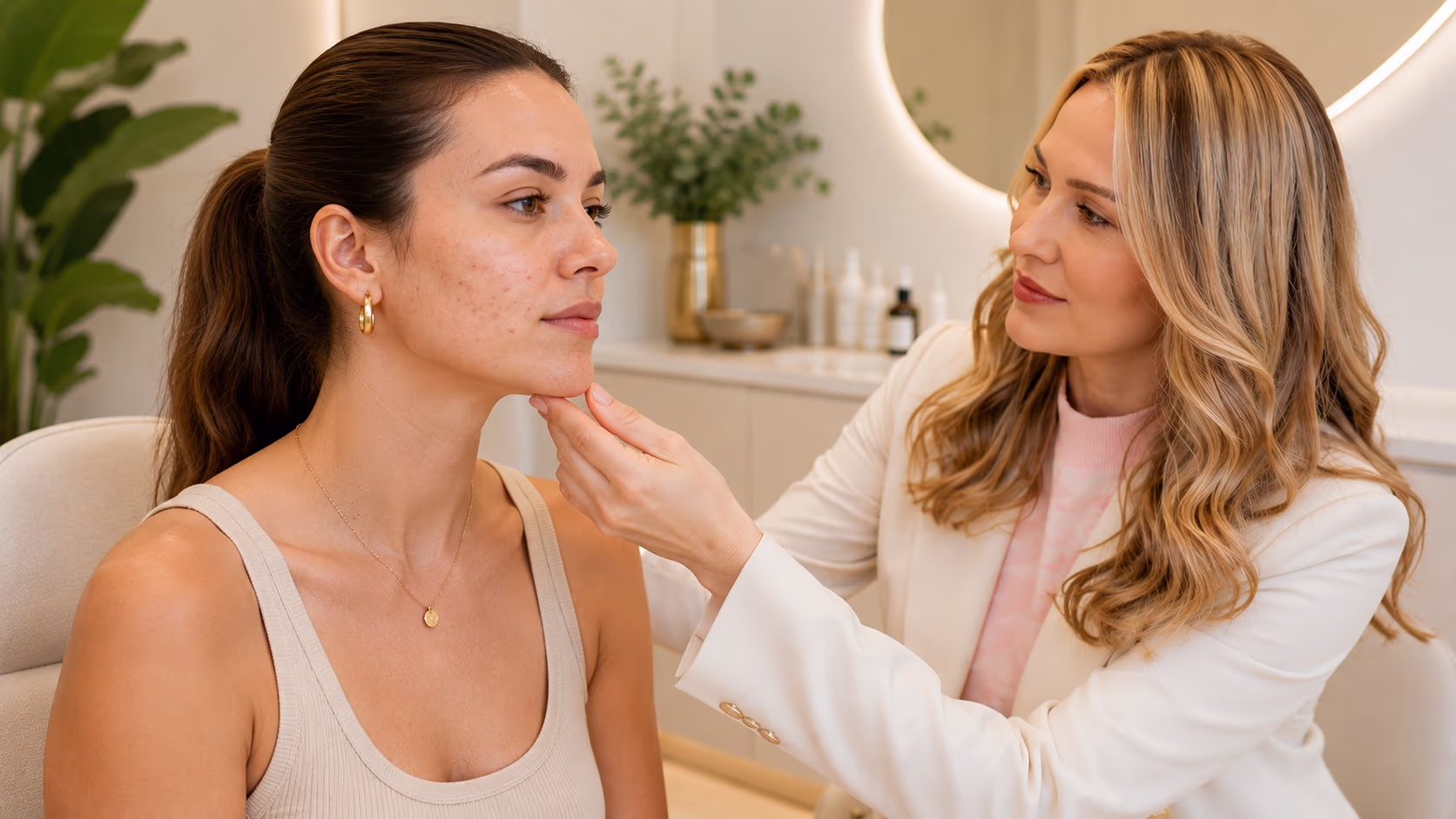 Mulher adulta em avaliação facial com profissional, em ambiente claro e acolhedor