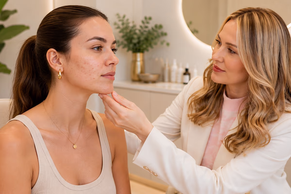 Mulher adulta em avaliação facial com profissional, em ambiente claro e acolhedor