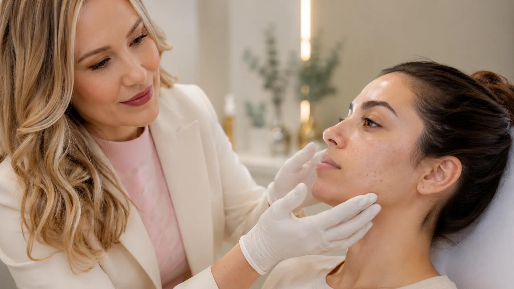 Profissional com luvas avaliando o rosto de uma cliente com acne leve em ambiente de estética