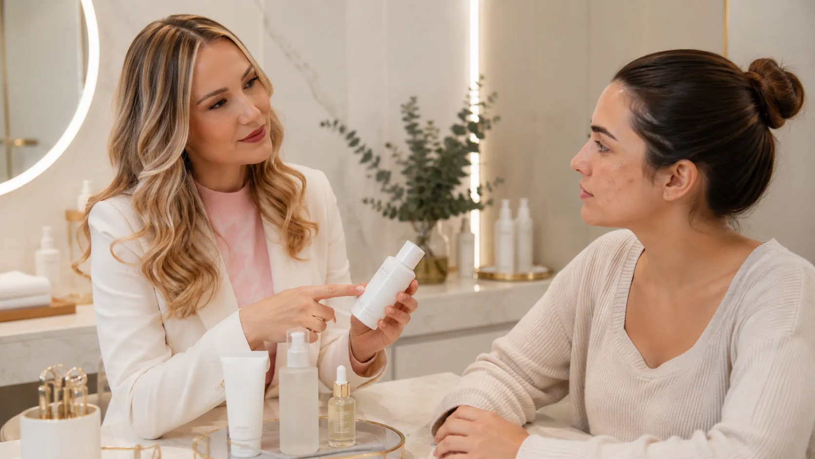 Profissional orientando cliente sobre produtos de skincare para pele com acne