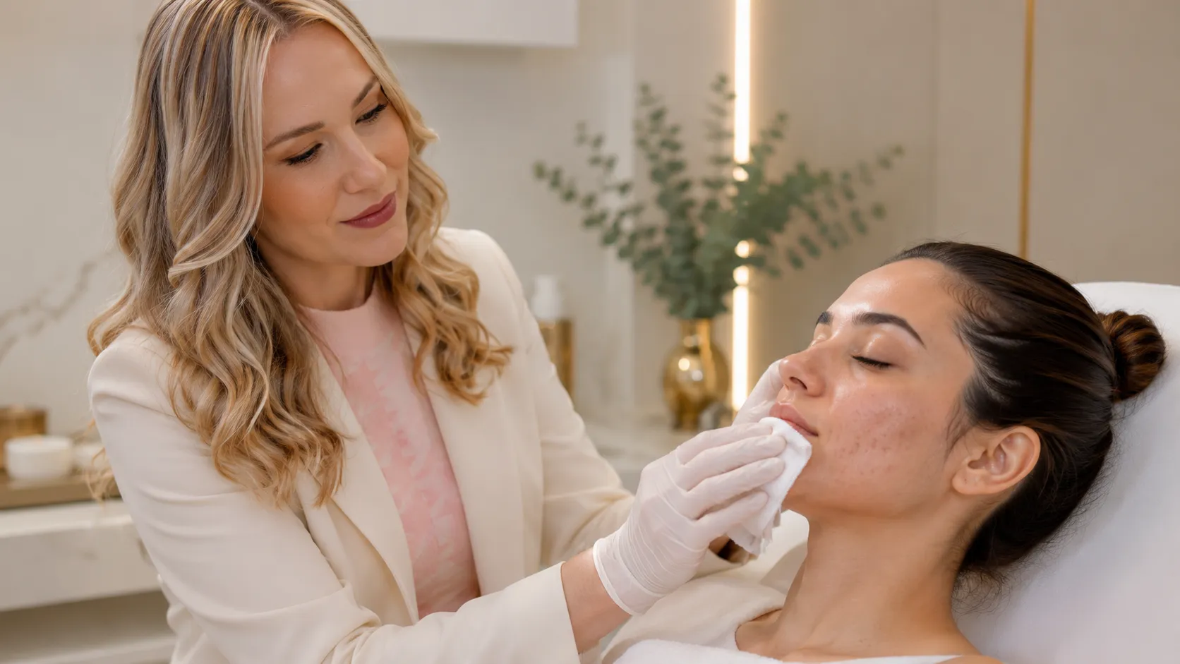 Profissional higienizando suavemente o rosto de cliente com tendência à acne