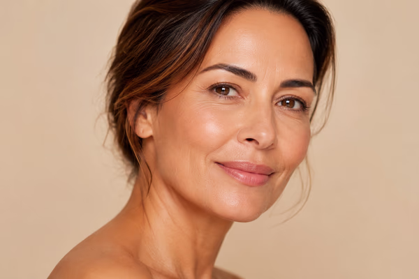 Close de rosto feminino com pele firme e iluminada, em fundo bege suave, representando resultados de bioestimuladores de colágeno