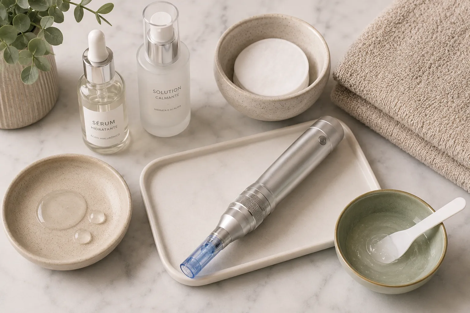 Instrumentos e produtos organizados para preparo de pele antes do tratamento de cicatrizes de acne