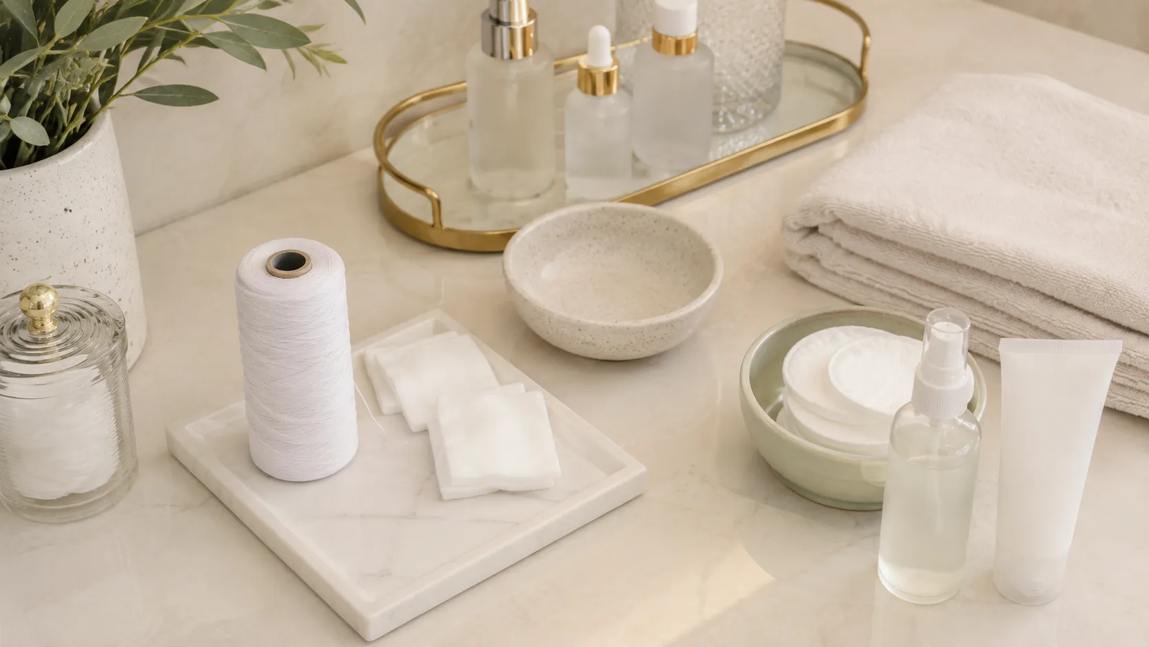 Bancada organizada com linha de algodão e produtos neutros para preparo da depilação facial