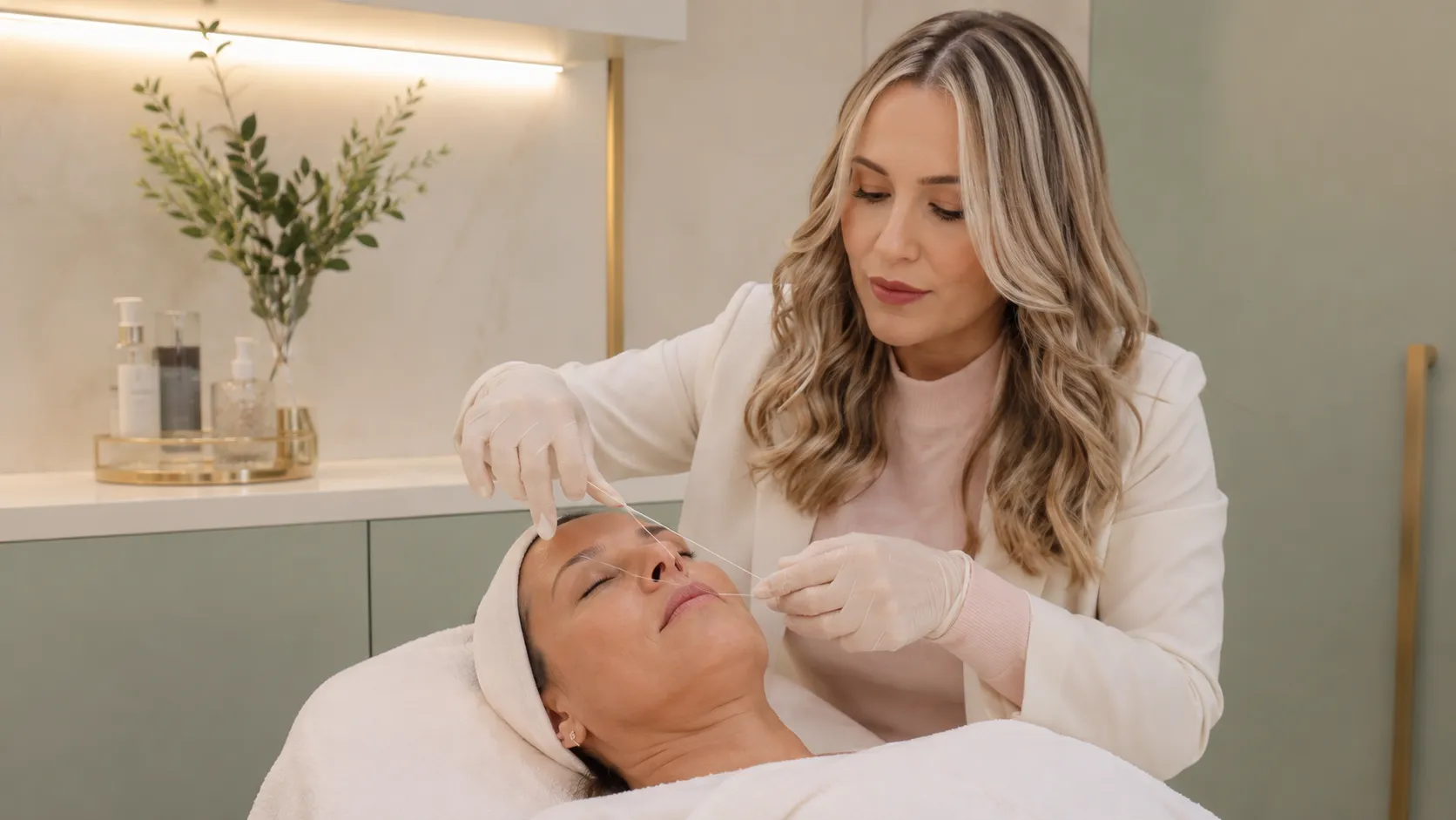 Profissional realizando depilação facial com linha de forma delicada e precisa