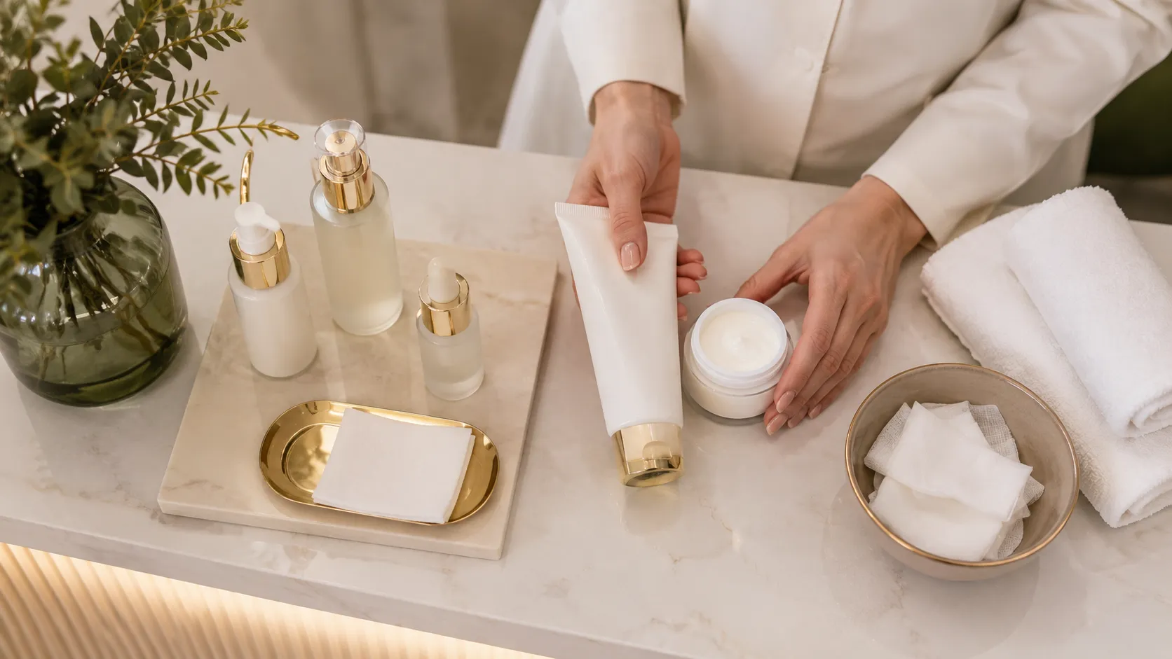 Produtos neutros de skincare organizados para cuidados após dermaplaning