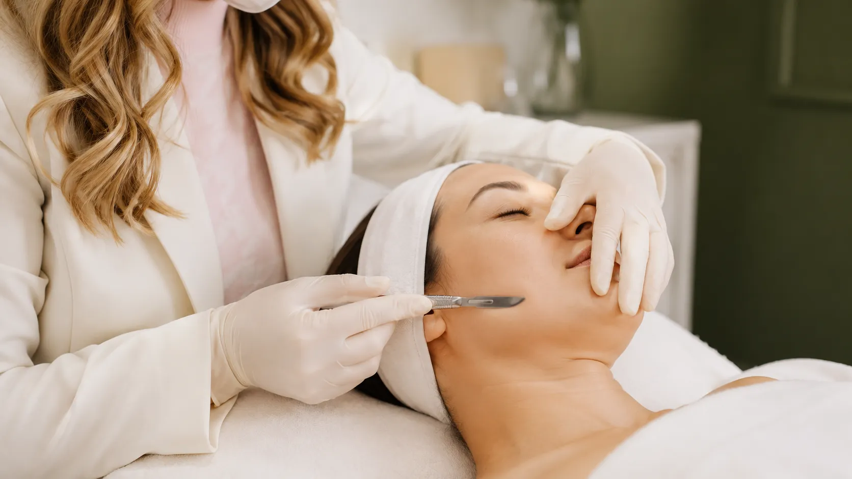 Profissional realizando dermaplaning com lâmina estéril no rosto de cliente em ambiente estético
