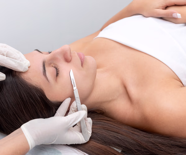 Profissional realizando dermaplaning facial com lâmina em cliente deitada em ambiente estético