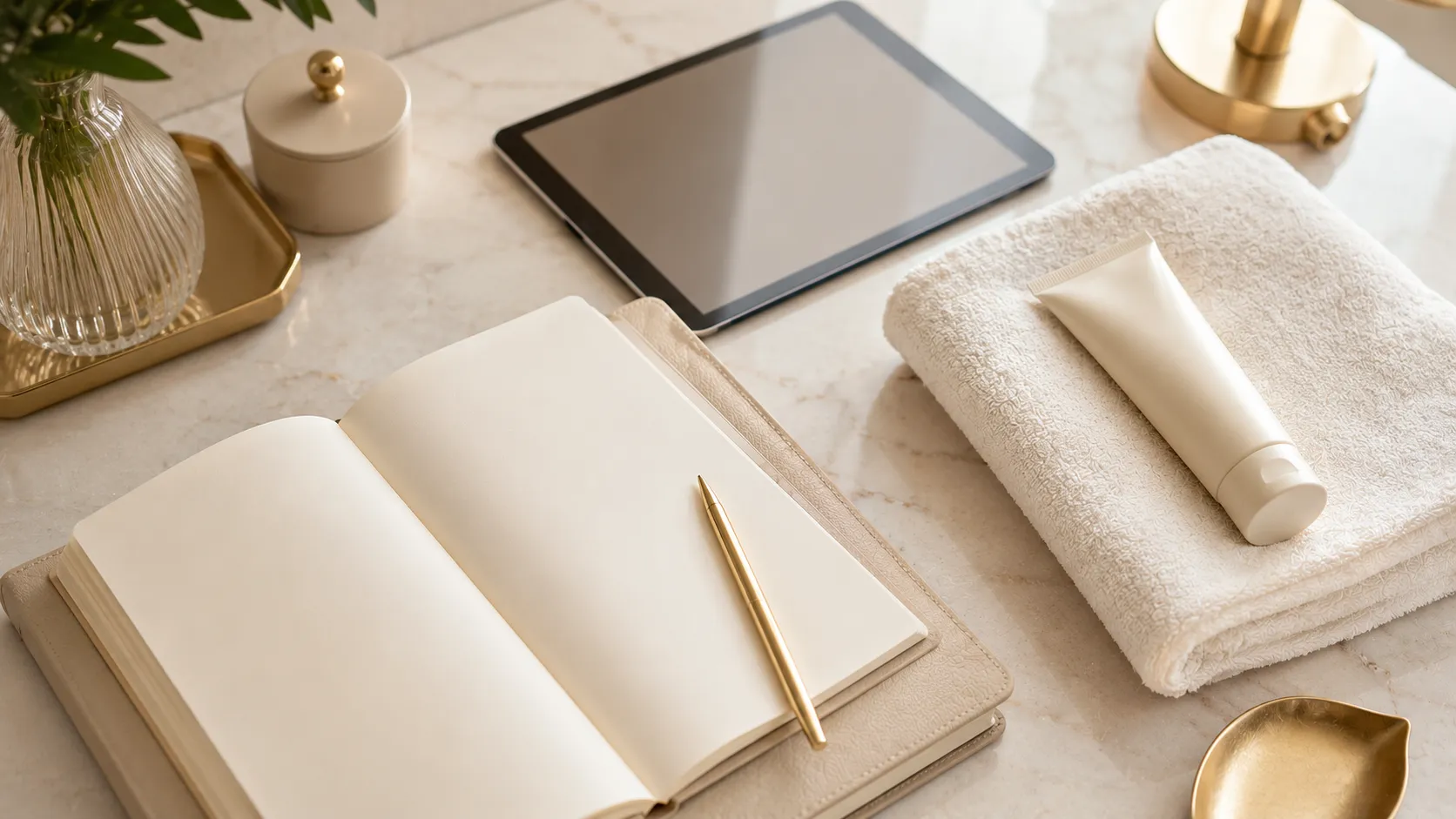 Bancada sofisticada com caderno e materiais de avaliação, representando planejamento personalizado para flacidez