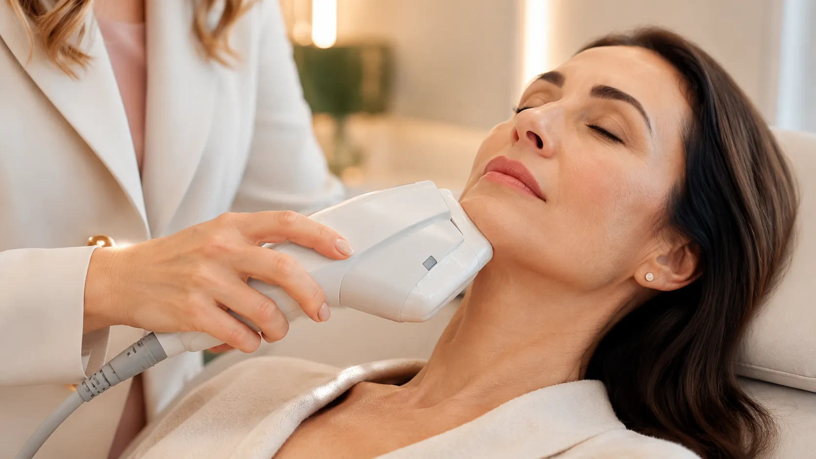 Aplicador de ultrassom microfocado posicionado no contorno facial para protocolo de firmeza