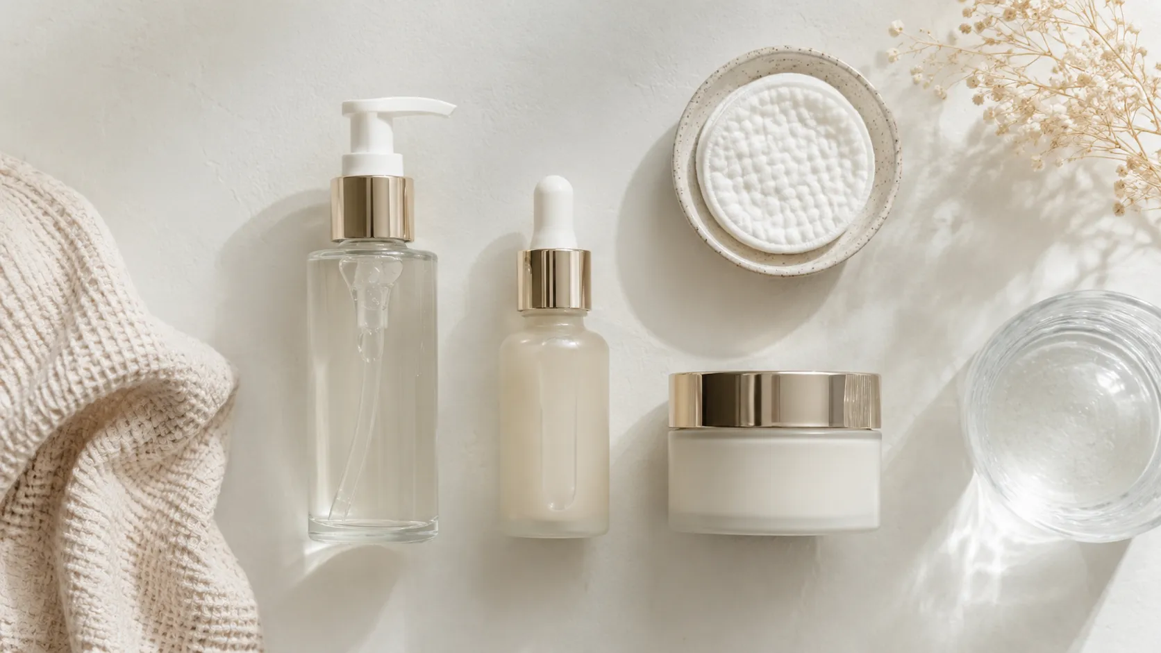 Rotina profissional com peptídeo de cobre Rotina de skincare em camadas com frascos neutros, representando o uso de ativos como o GHK-Cu