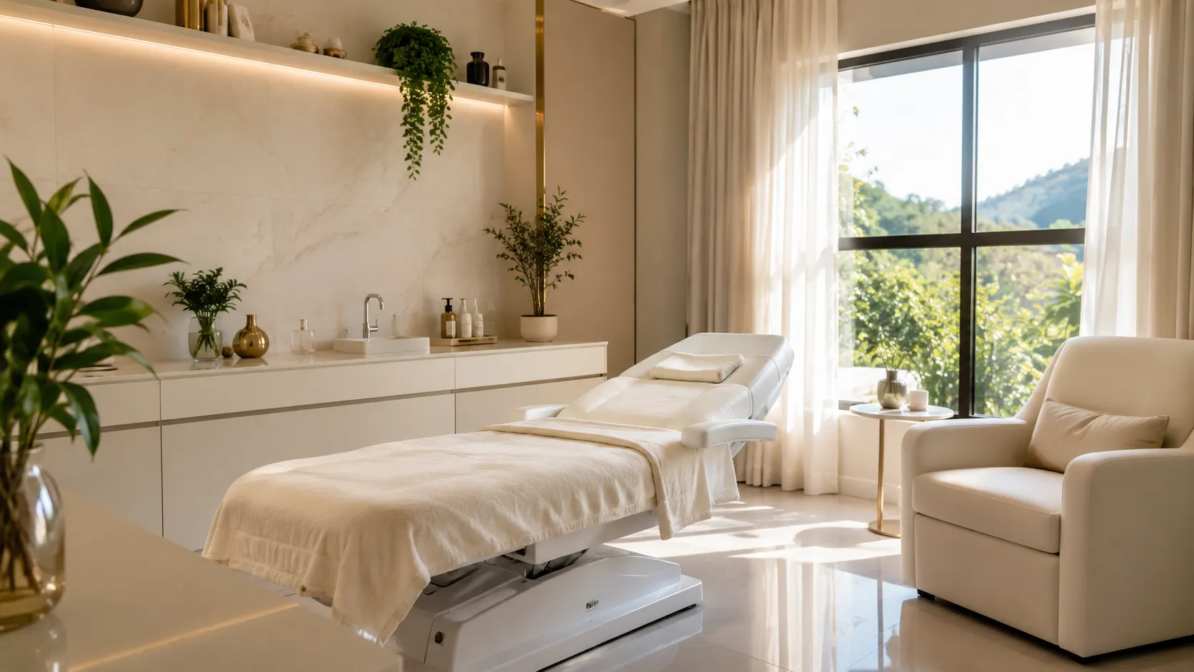Ambiente de atendimento para gordura localizada Sala de clínica estética premium preparada para avaliação corporal e protocolos de gordura localizada