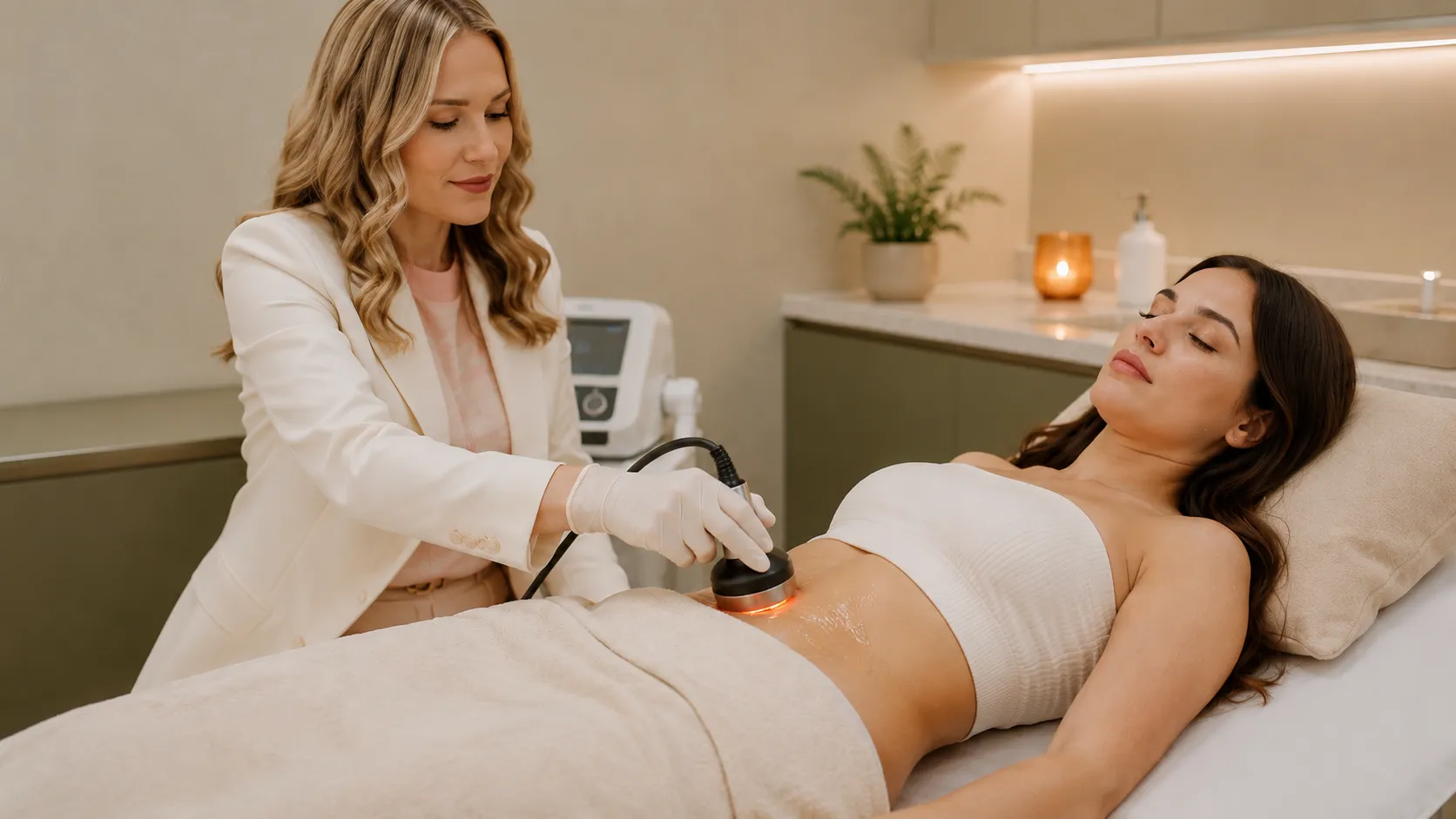 Profissional aplicando radiofrequência corporal com gel na região abdominal de uma cliente