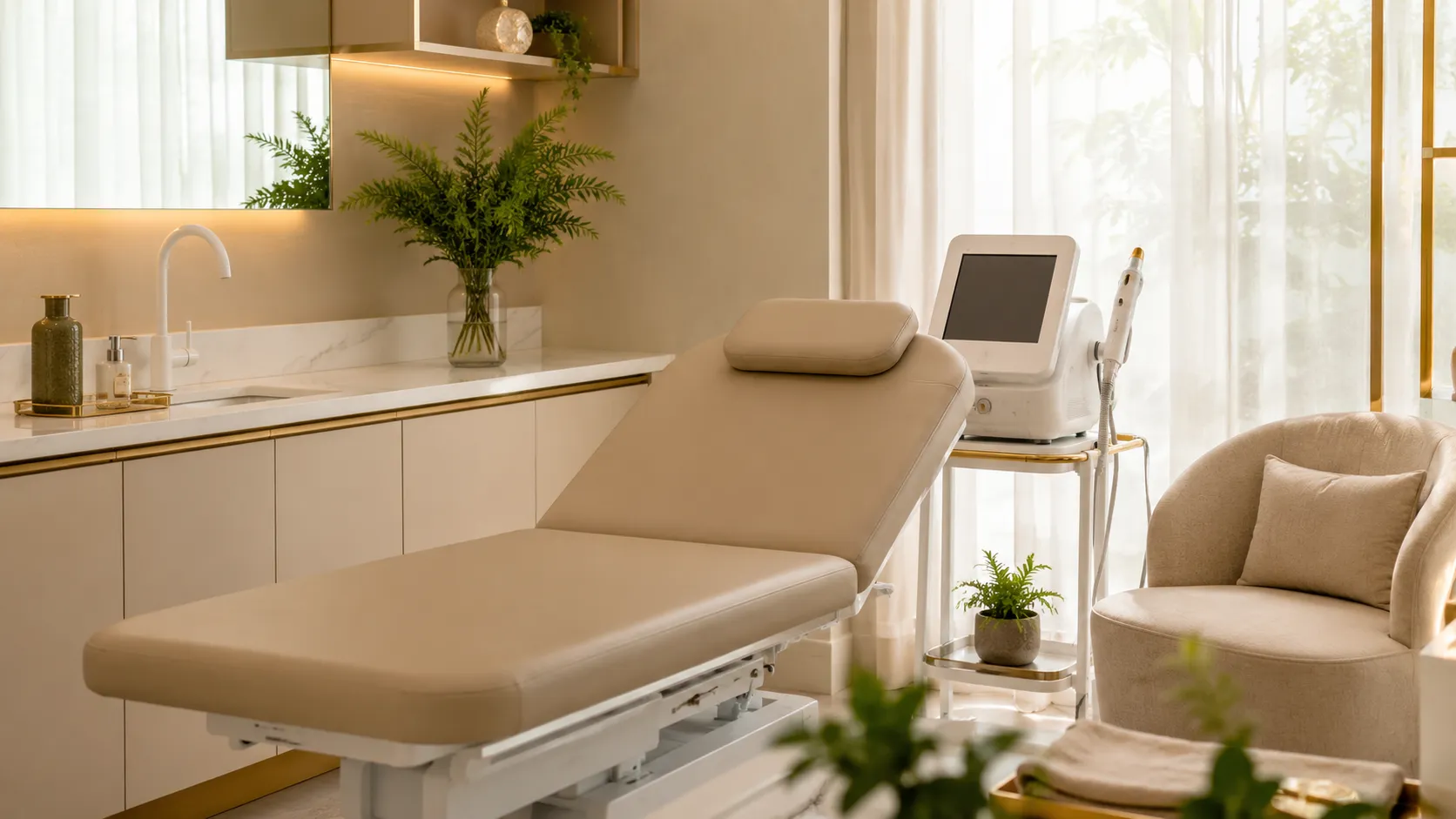 Jato de plasma em ambiente clínico seguro Ambiente clínico sofisticado da Beauté preparado para avaliação e tratamento com jato de plasma