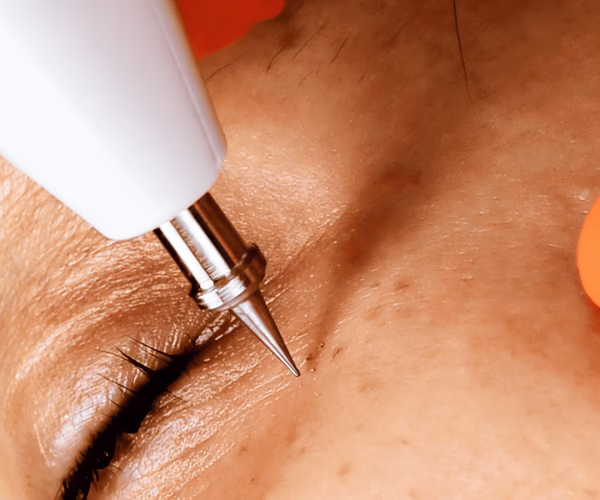 Jato de plasma aplicado na região dos olhos para tratamento de manchas e rejuvenescimento da pele