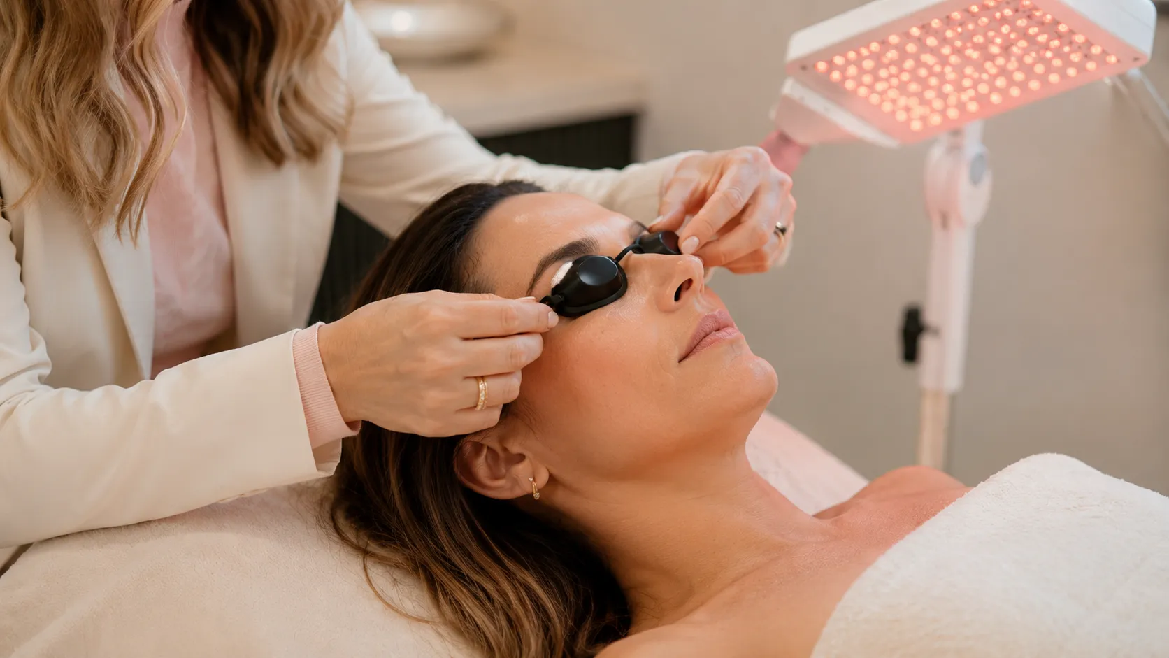 Proteção ocular na LED fototerapia Cliente com proteção ocular durante sessão de LED fototerapia facial em clínica estética