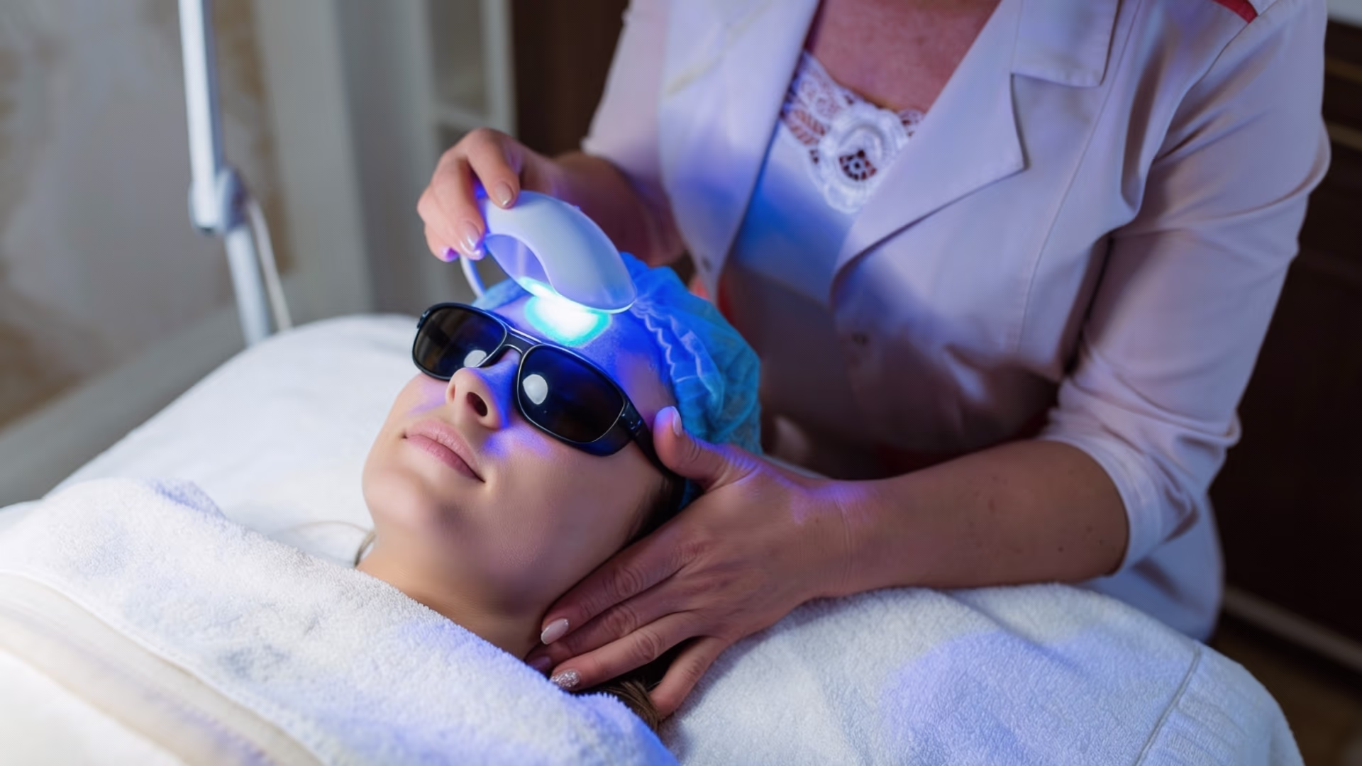 Cliente deitada recebendo fototerapia com luz azul LED e proteção ocular