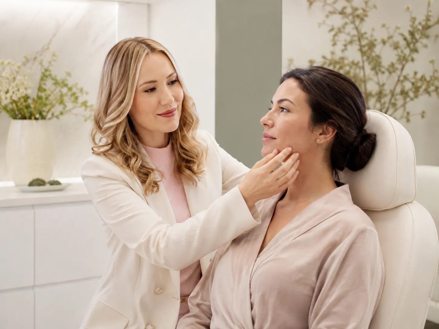 Profissional realizando avaliação facial cuidadosa em paciente antes de indicar a fototerapia com LED
