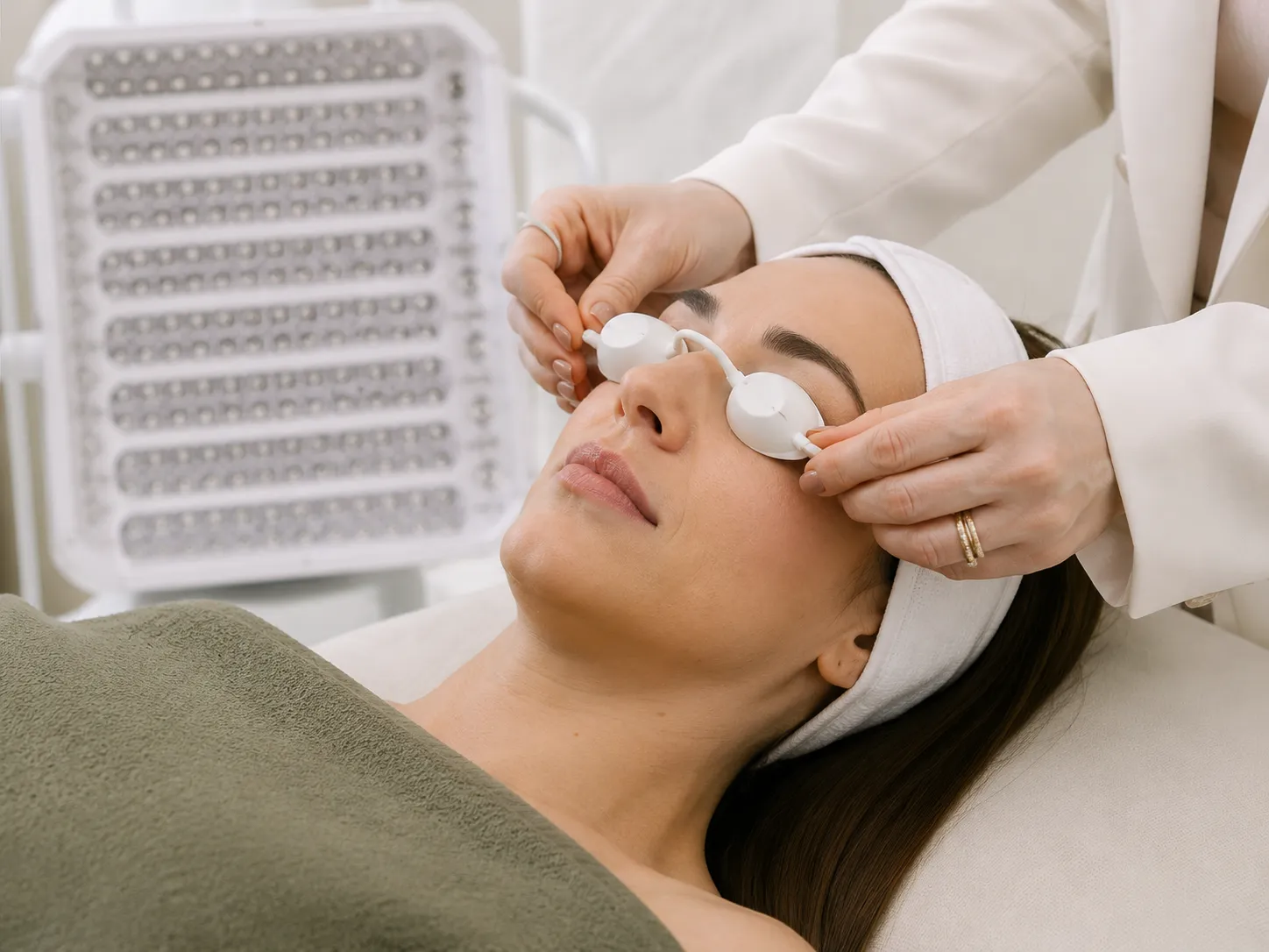Paciente recebendo proteção ocular antes de sessão de fototerapia com equipamento de LED ao fundo