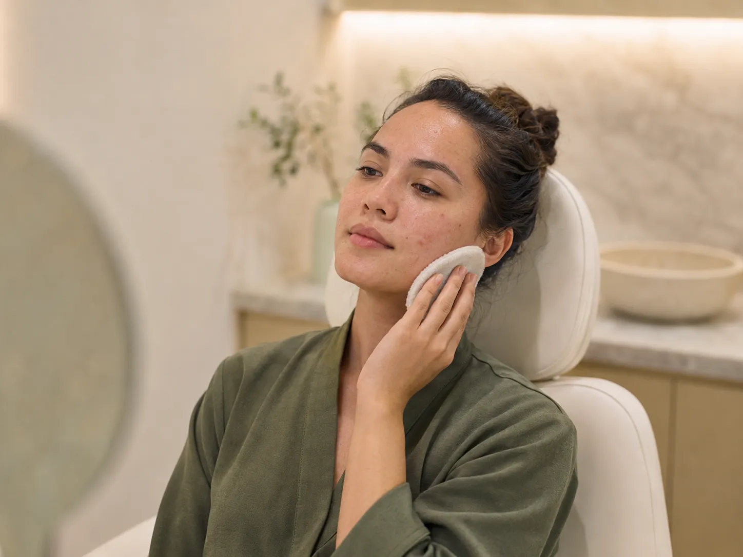 Pessoa com acne leve realizando cuidado suave no rosto em ambiente acolhedor