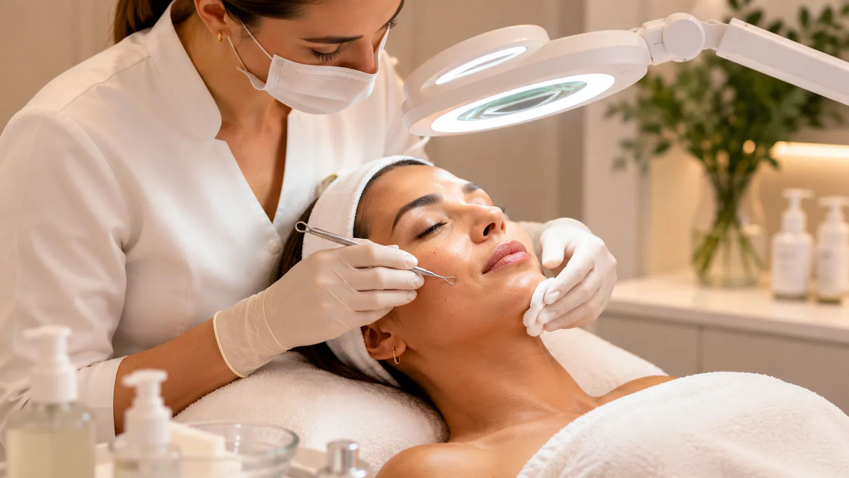 Profissional realizando etapa delicada de higienização na limpeza de pele