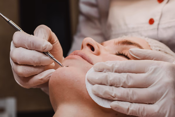 Esteticista realizando limpeza de pele com extração sob luz de lupa