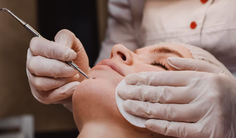 Esteticista realizando limpeza de pele com extração sob luz de lupa