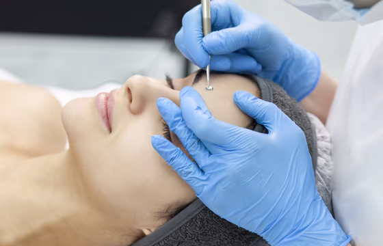 Profissional realizando limpeza de pele com instrumento esterilizado no rosto de cliente