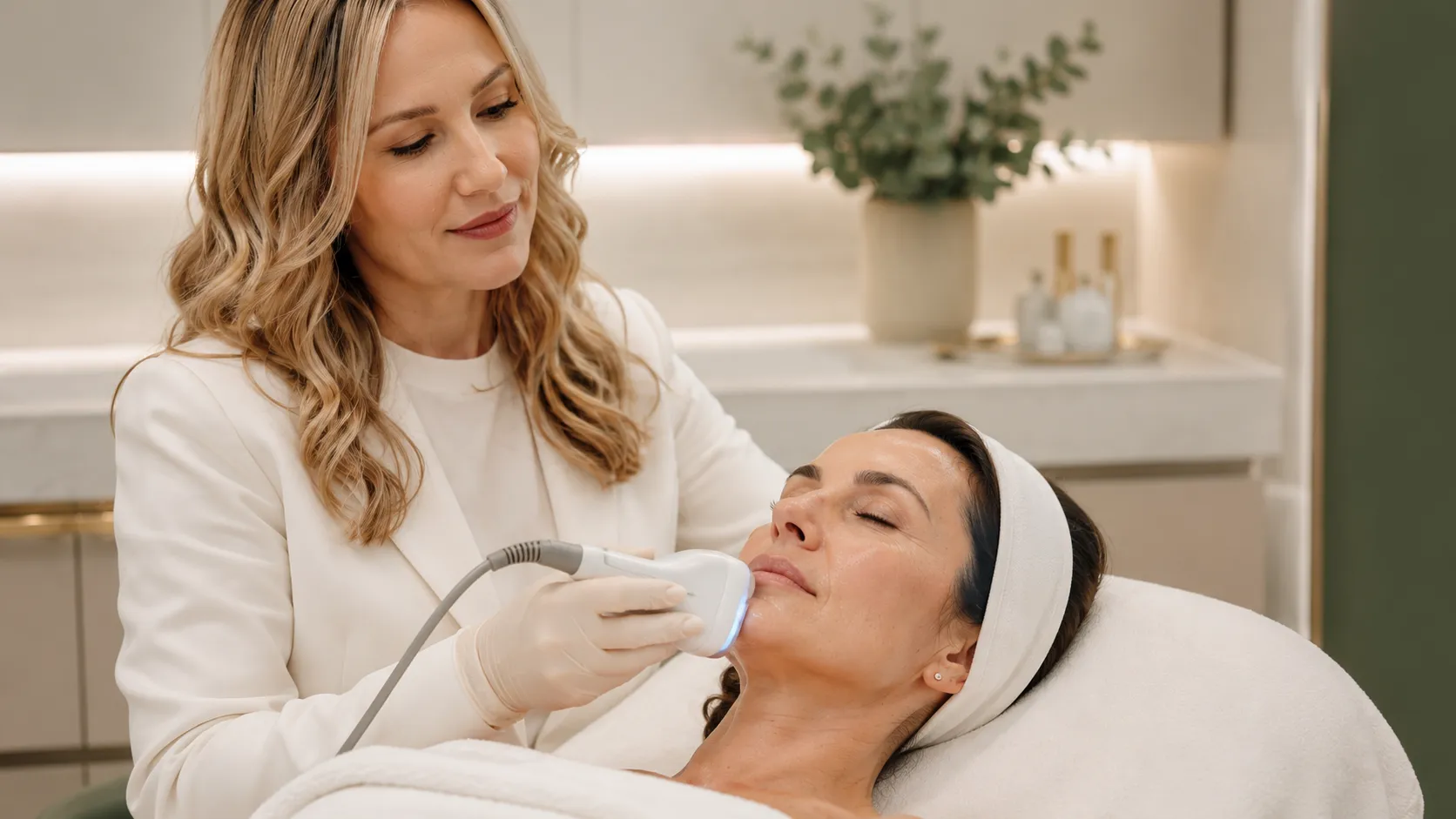 Tecnologia estética para suavizar linhas de expressão Aplicação de tecnologia estética facial para estímulo de colágeno e firmeza