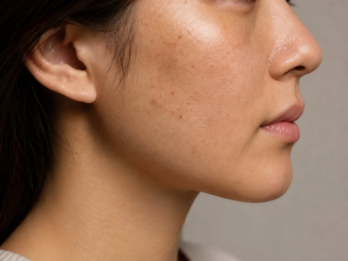 Close de pele adulta com textura natural e marcas discretas após acne
