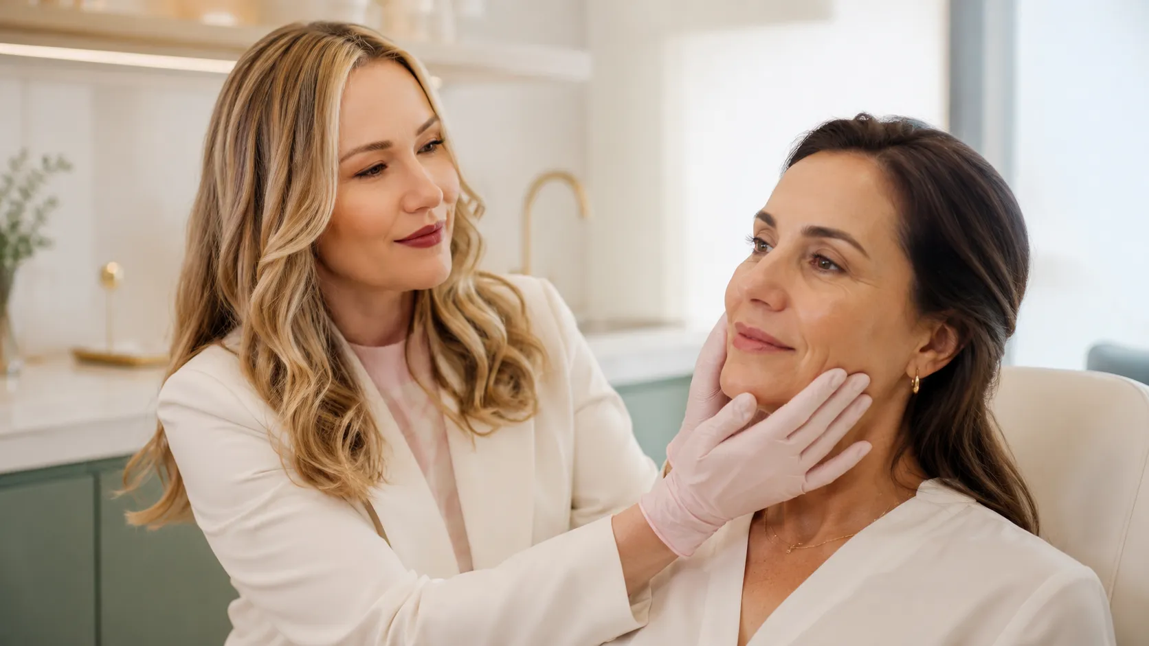 Avaliação profissional de manchas na pele Profissional avaliando manchas discretas no rosto de uma cliente em clínica estética