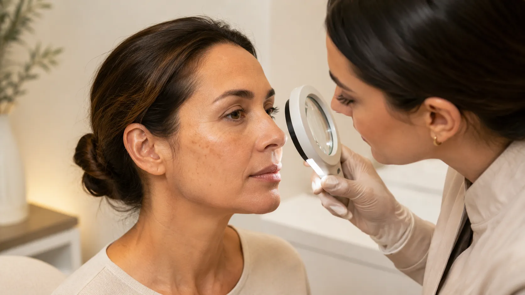 Avaliação estética de manchas discretas no rosto com luz suave