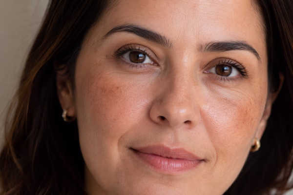 Close de rosto feminino com manchas discretas na pele em iluminação suave e natural