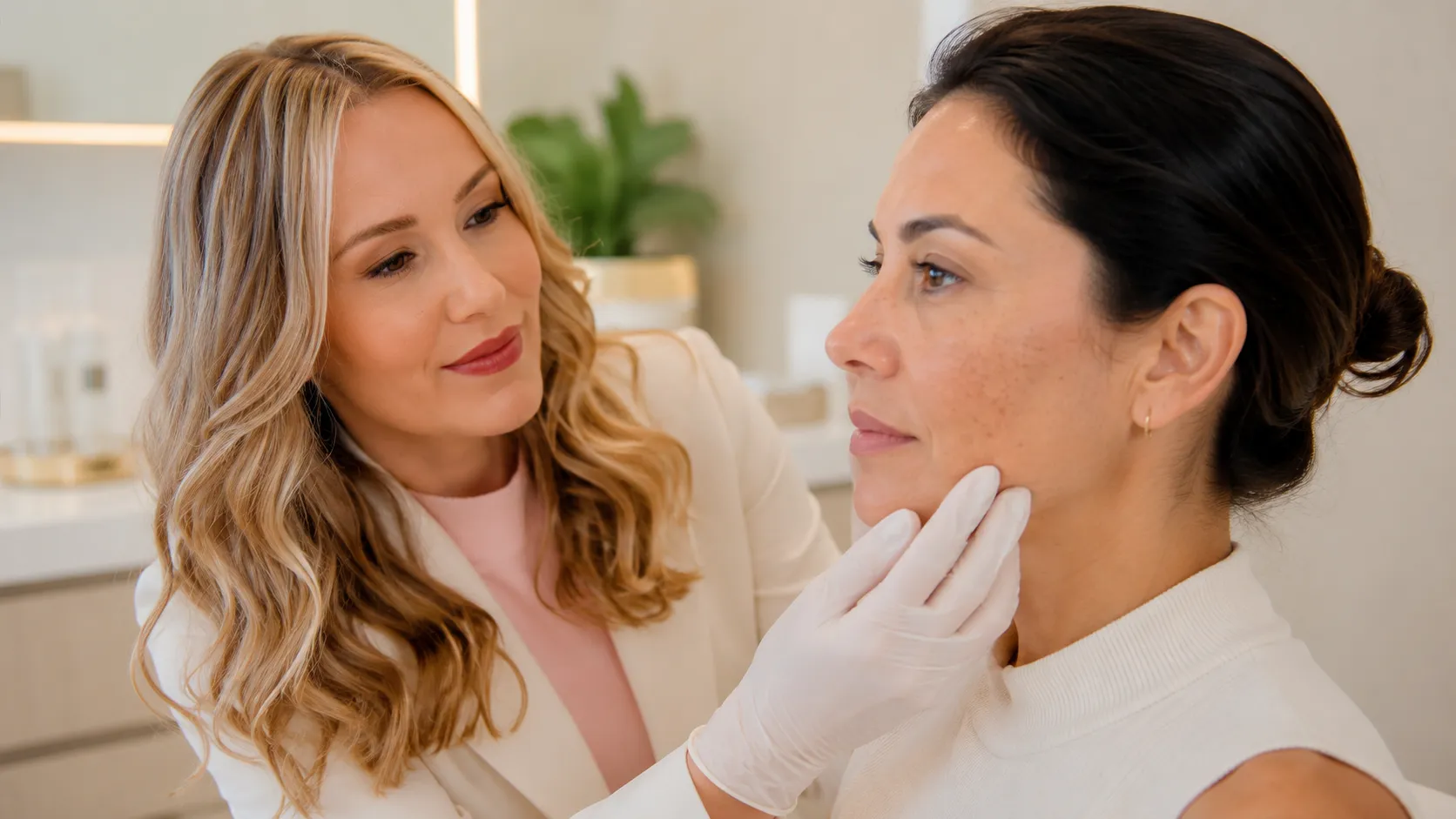 Avaliação facial para tratamento de melasma Profissional avaliando manchas no rosto de paciente durante consulta estética para melasma