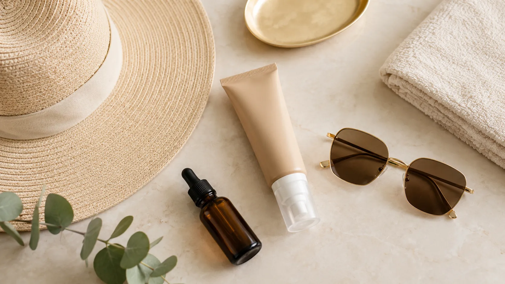 Fotoproteção no controle do melasma Itens de fotoproteção para melasma sobre bancada clean com protetor solar, chapéu e óculos de sol