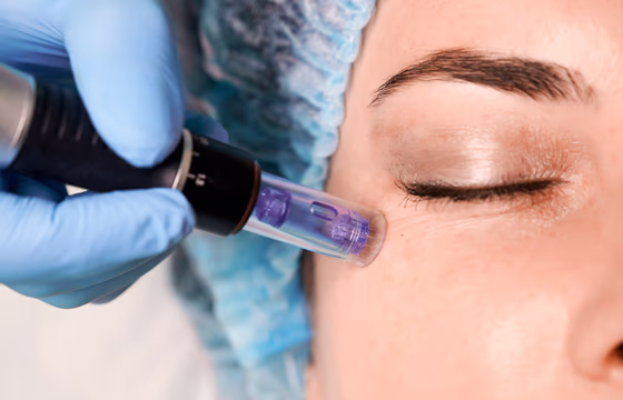 Profissional realizando microagulhamento facial com dermapen na região próxima aos olhos