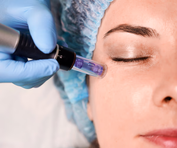 Microagulhamento facial sendo realizado por profissional com dermapen na região dos olhos