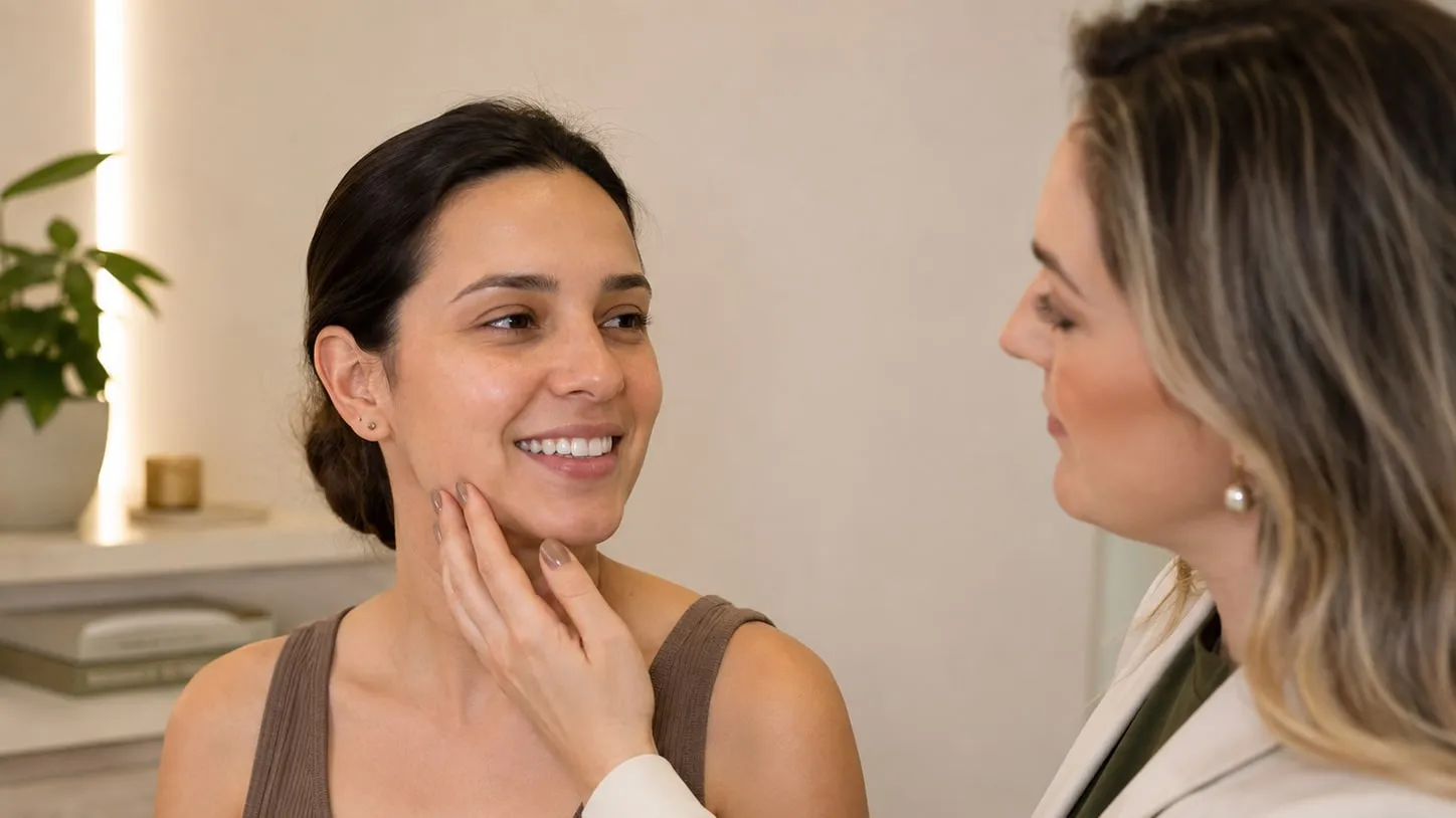 Profissional realizando uma avaliação cuidadosa da pele facial