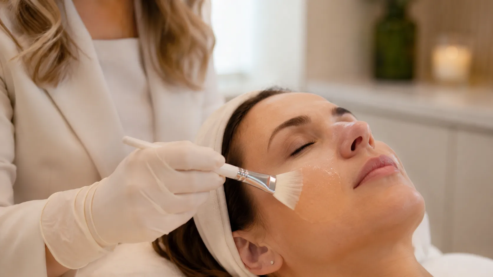 Aplicação segura de peeling químico Aplicação cuidadosa de peeling químico com pincel em clínica estética