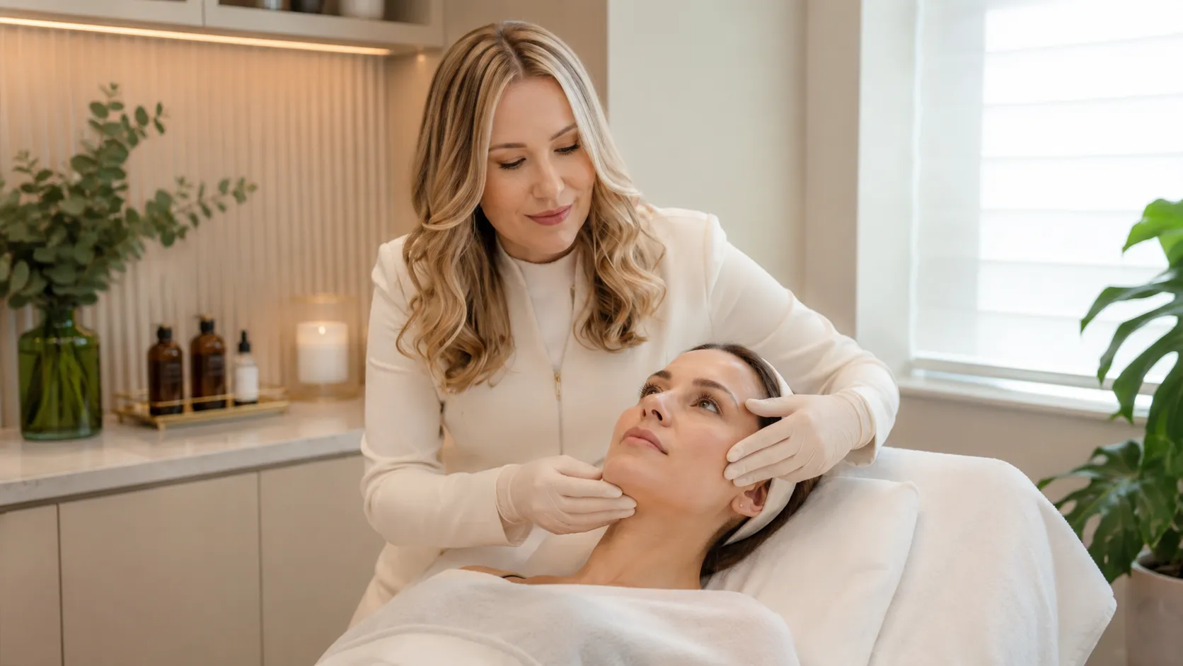 Avaliação da pele antes do peeling químico Profissional avaliando a pele de uma cliente antes do peeling químico