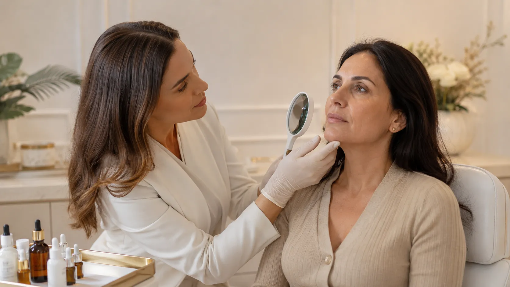 Profissional avaliando a pele antes de definir o protocolo de peeling químico