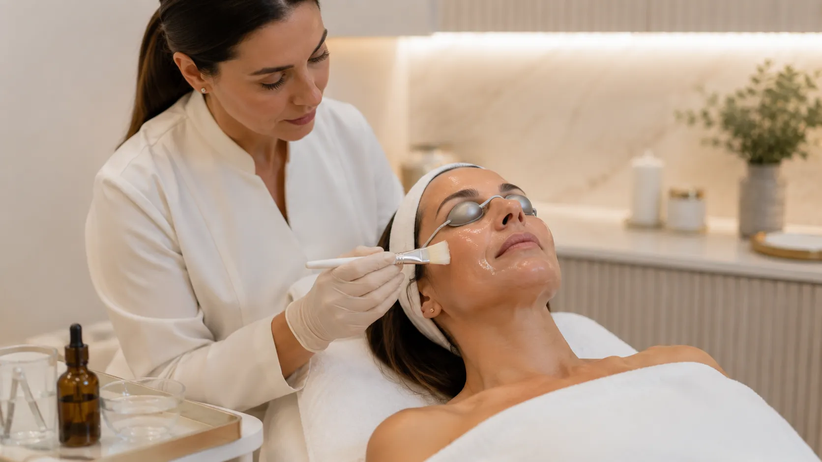 Aplicação controlada de peeling químico no rosto em ambiente estético