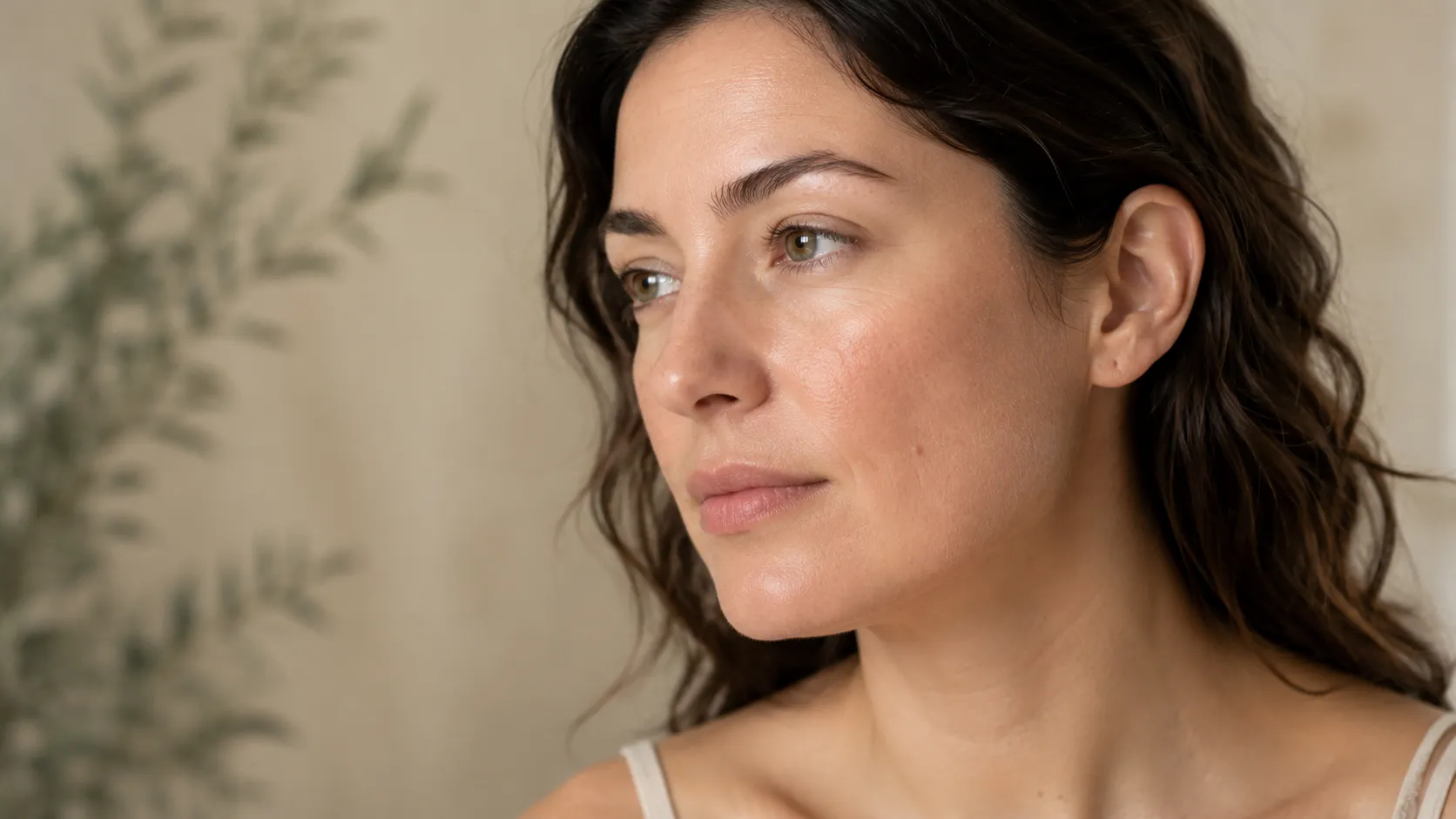 Retrato de mulher com brilho natural discreto na pele em ambiente sereno
