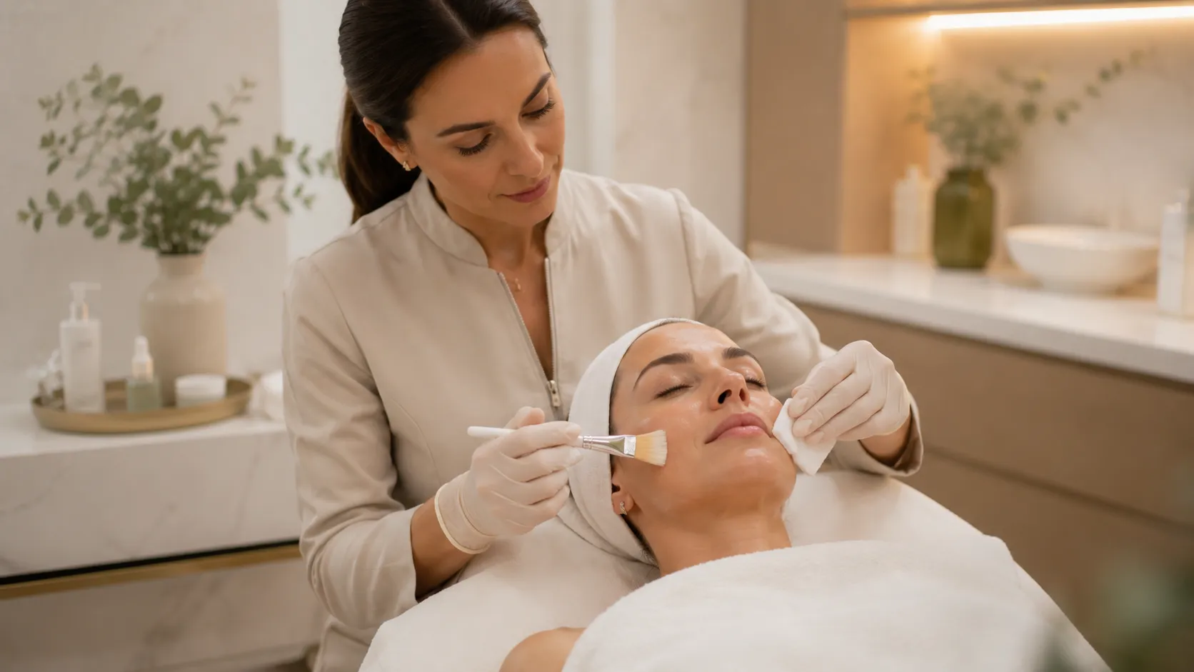 Profissional aplicando cuidado facial com pincel em cliente deitada, em cabine acolhedora