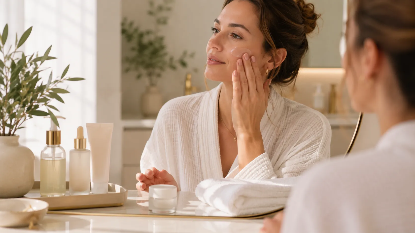 Mulher aplicando skincare leve no rosto, com frascos neutros sobre a bancada