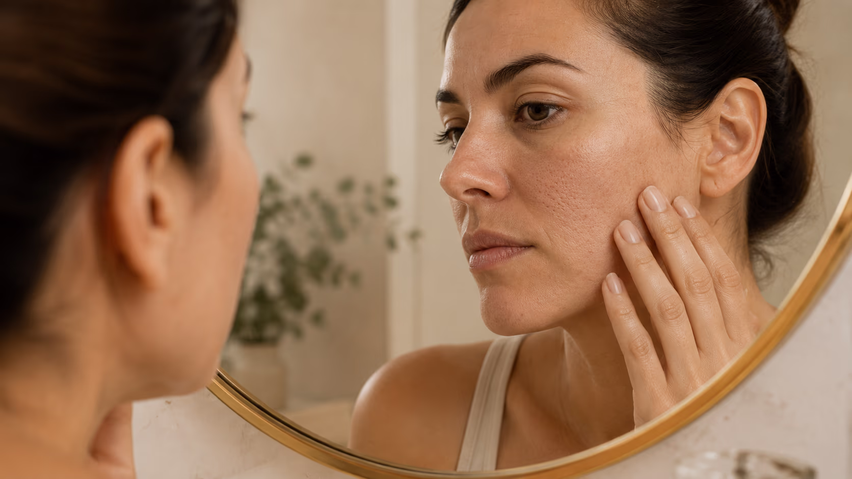 Mulher observando a própria pele no espelho durante avaliação facial, com foco na textura da pele